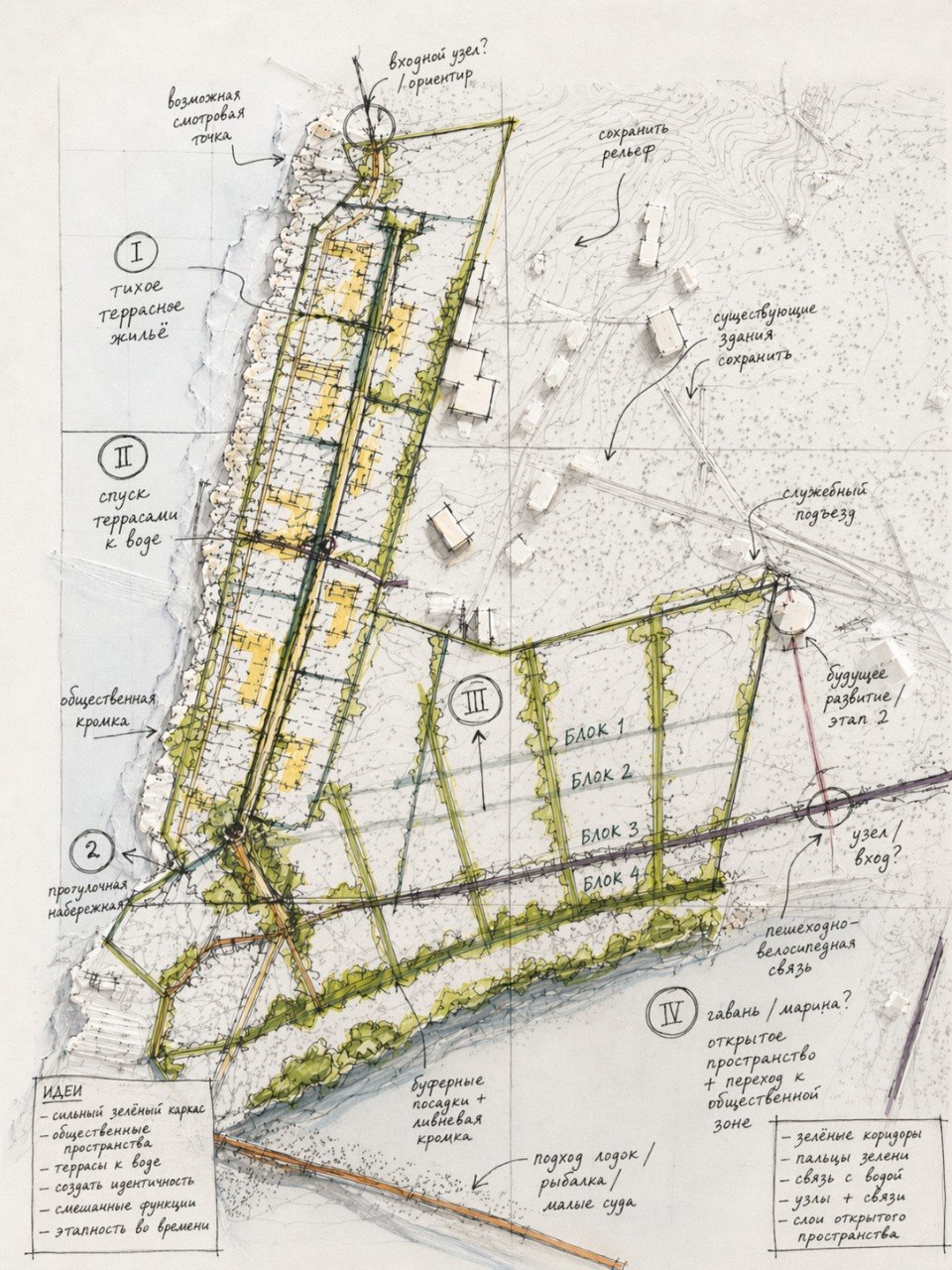 Architectural masterplan sketch with waterfront terraces and landscape corridors.